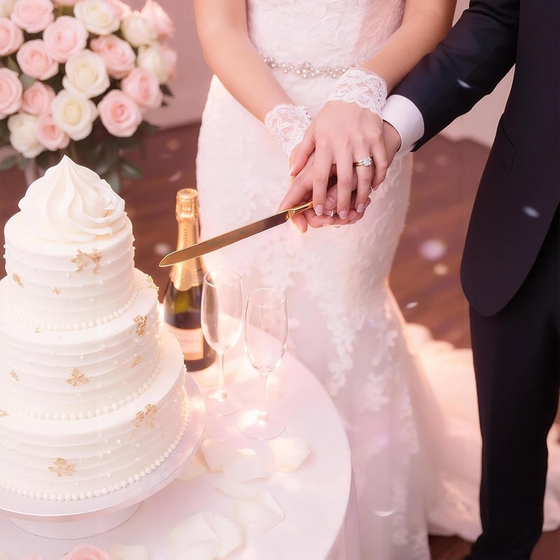 kingump 4 Piece Wedding Cake Cutting Set, Knife and Server with Forks, Elegant Wedding Cake Knife and Server Set for Bride and Groom(Gold) - Image 2